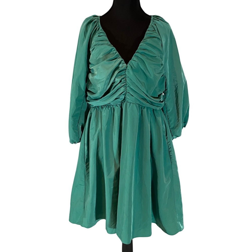 Hyacinth House Emerald Green Ruched V-Neck Balloon Sleeve Fit & Flare Dress XL‎